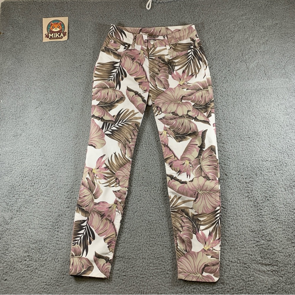 Lascana Pants Women's Skinny Leg Crop Tropical Floral‎ White Pink Tan Size 6 EUC